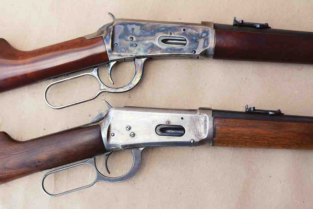 While there are sculpturing differences with the receiver, the Cimarron Uberti Model 1894 (top) closely resembles the original Winchester Model 1894 (bottom). Note the case-colored receiver, which was a special order option on original Winchester Model 1894s.